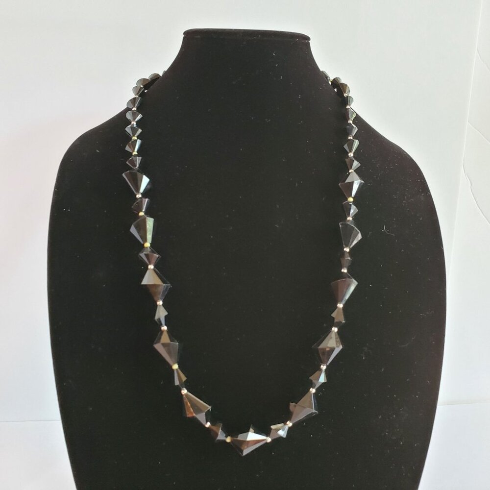 Vintage Trifari Beaded Necklace Plastic Abstract Bi-cone Silver Tone